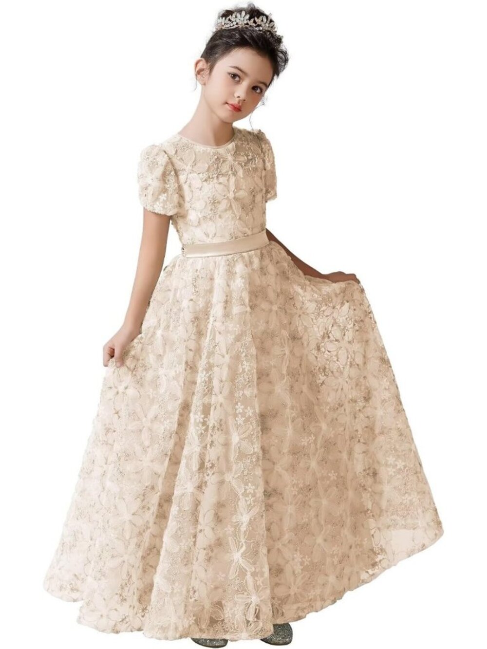 Floral A-Line Flower Girl Dress with 3D Embroidery & Lace Appliqué - Junior